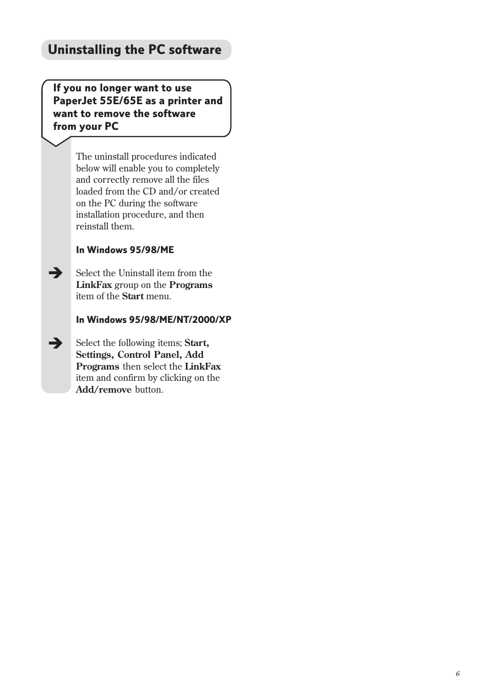 Uninstalling the pc software | BT PaperJet 65e User Manual | Page 7 / 11