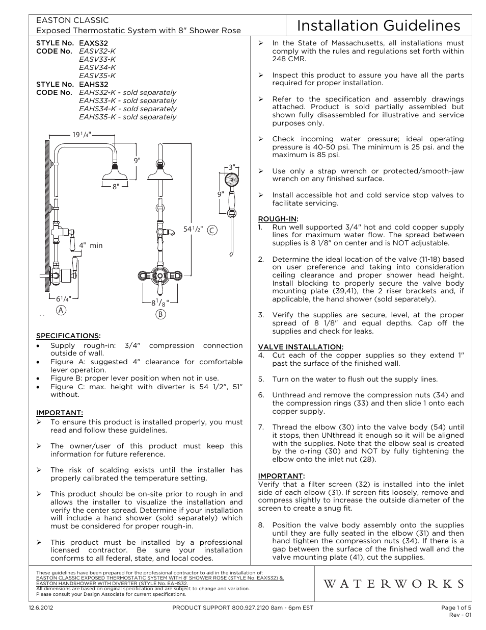 Waterworks Easton Classic Handshower with Diverter and Oak Lever Handle User Manual | 5 pages
