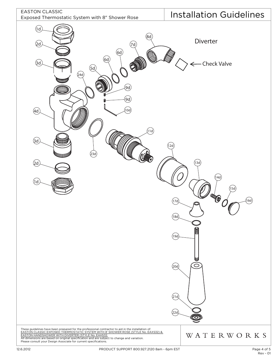 Installation guidelines, Diverter, Check valve | Waterworks Easton Classic Handshower with Diverter and Oak Lever Handle User Manual | Page 4 / 5