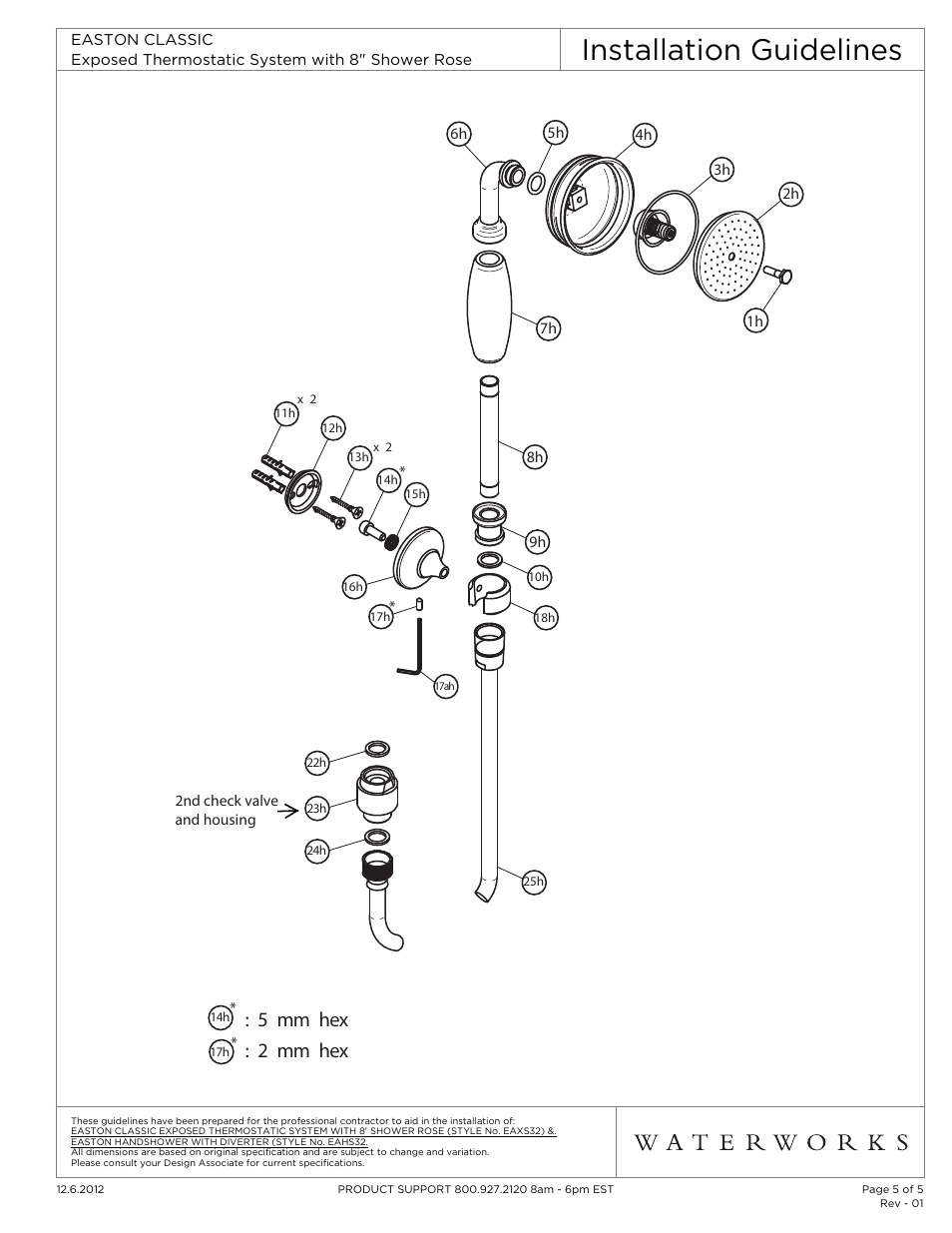 Installation guidelines, 5 mm hex : 2 mm hex | Waterworks Easton Classic Handshower with Diverter and Oak Lever Handle User Manual | Page 5 / 5