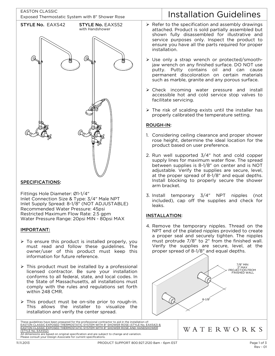 Waterworks Easton Classic Three Cross Handle Exposed Thermostatic System with Shower Rose and Handshower User Manual | 3 pages