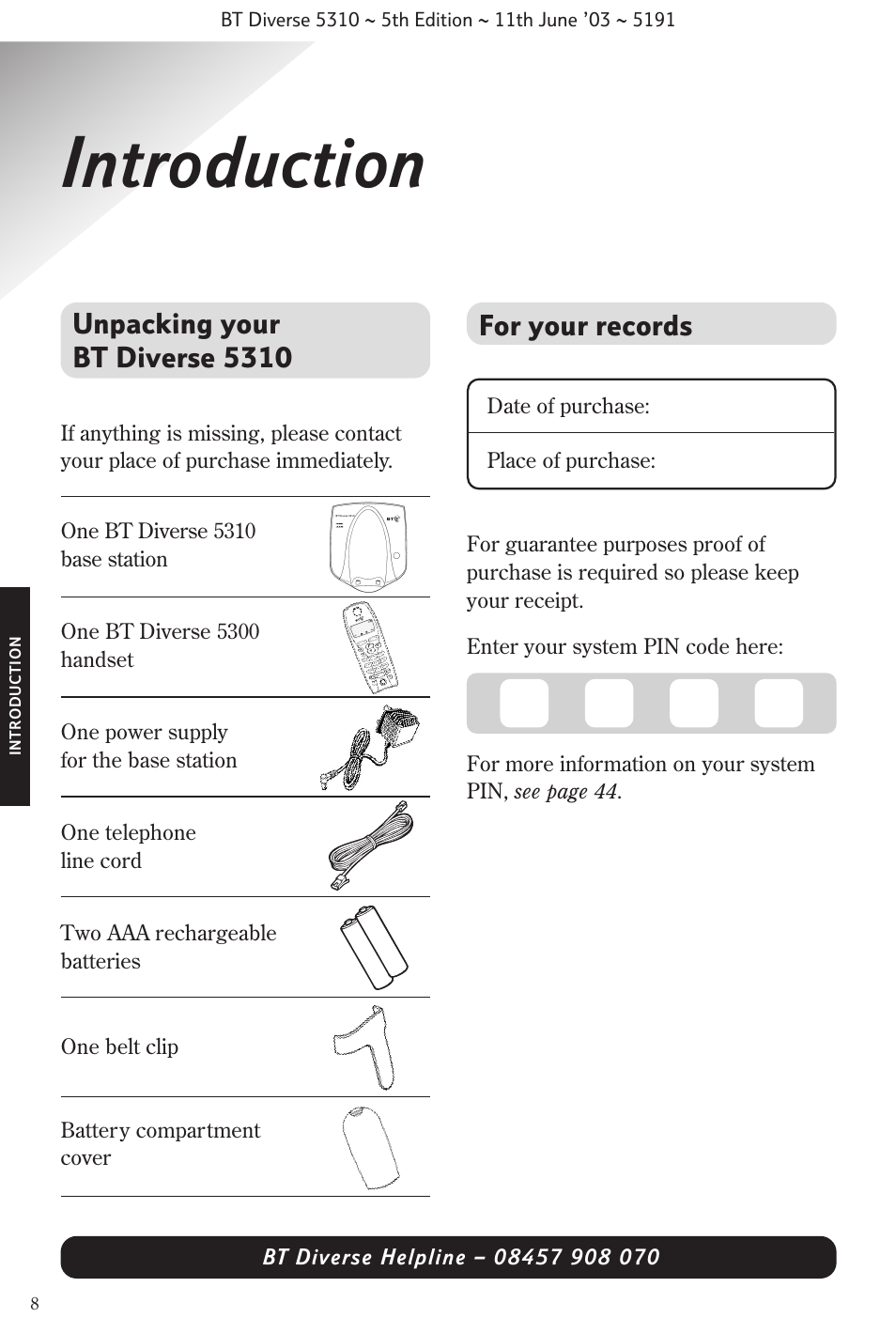 Introduction, Unpacking your bt diverse 5310, For your records | Date of purchase: place of purchase | BT 5310 User Manual | Page 10 / 60