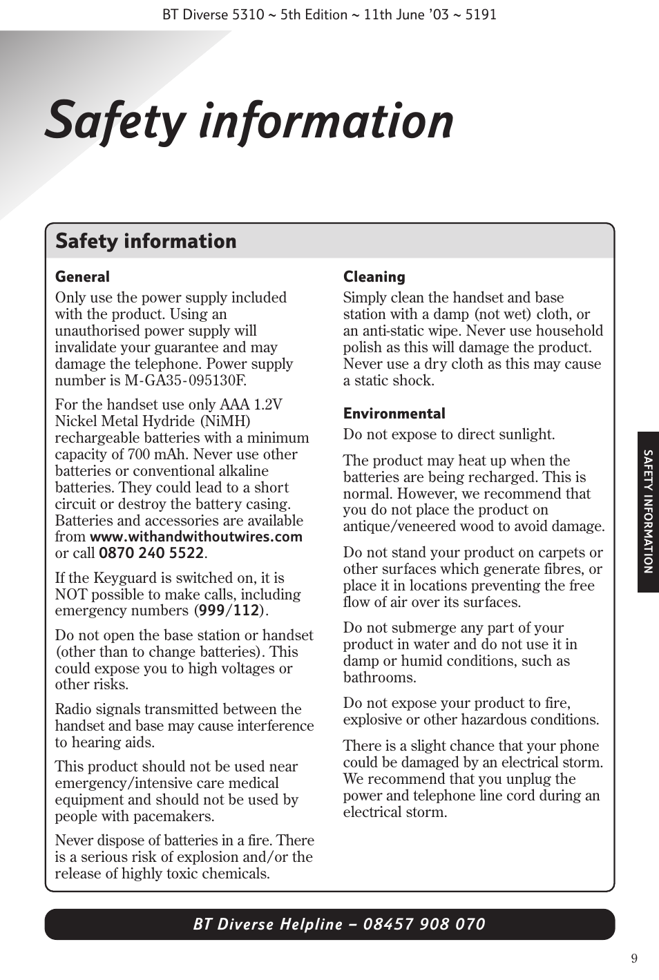 Safety information | BT 5310 User Manual | Page 11 / 60