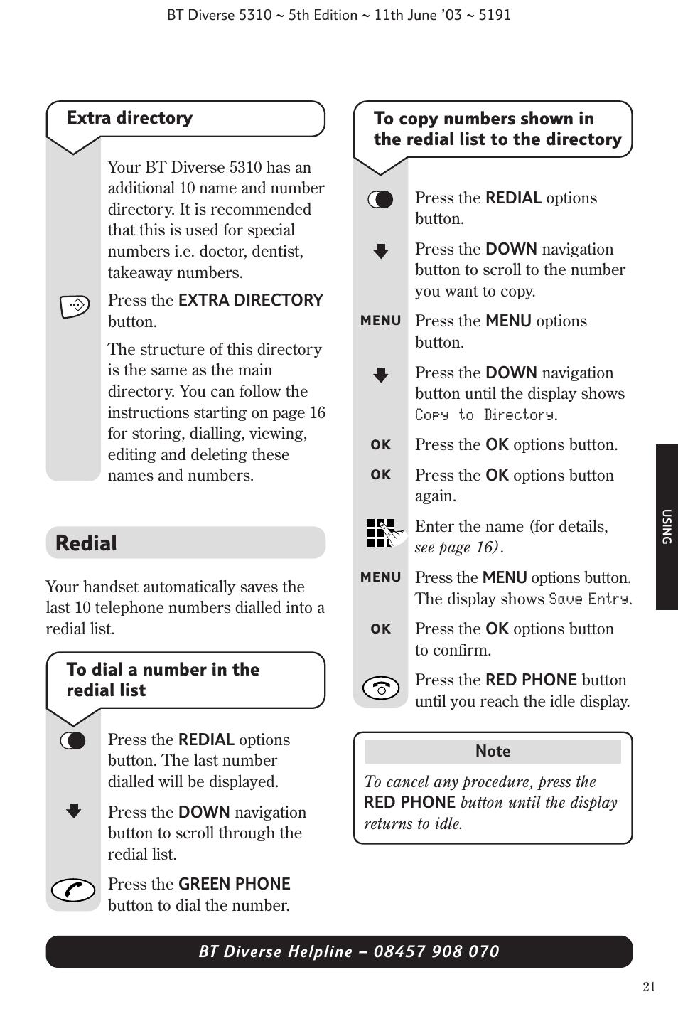 Redial | BT 5310 User Manual | Page 23 / 60