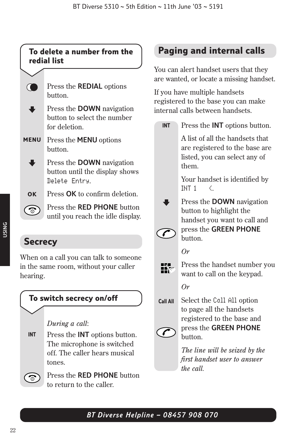 Paging and internal calls, Secrecy | BT 5310 User Manual | Page 24 / 60