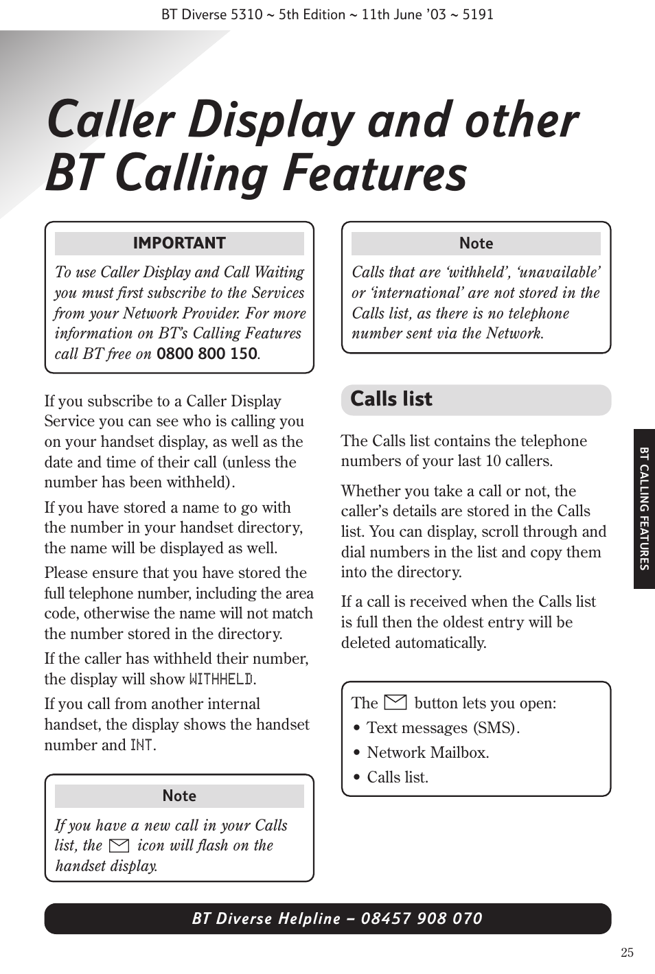 Caller display and other bt calling features, Calls list | BT 5310 User Manual | Page 27 / 60