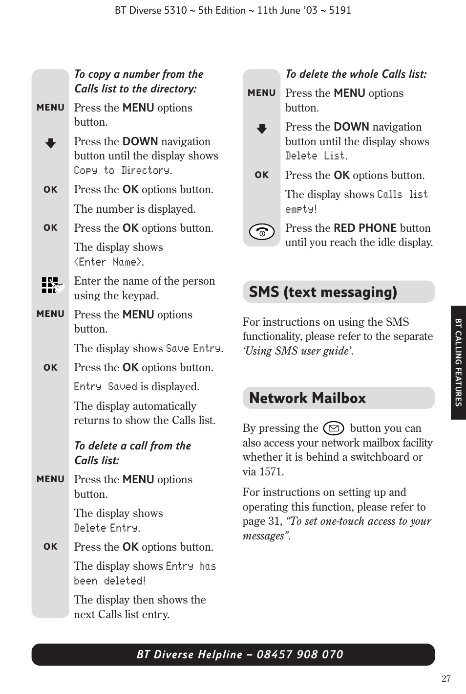 Sms (text messaging), Network mailbox | BT 5310 User Manual | Page 29 / 60