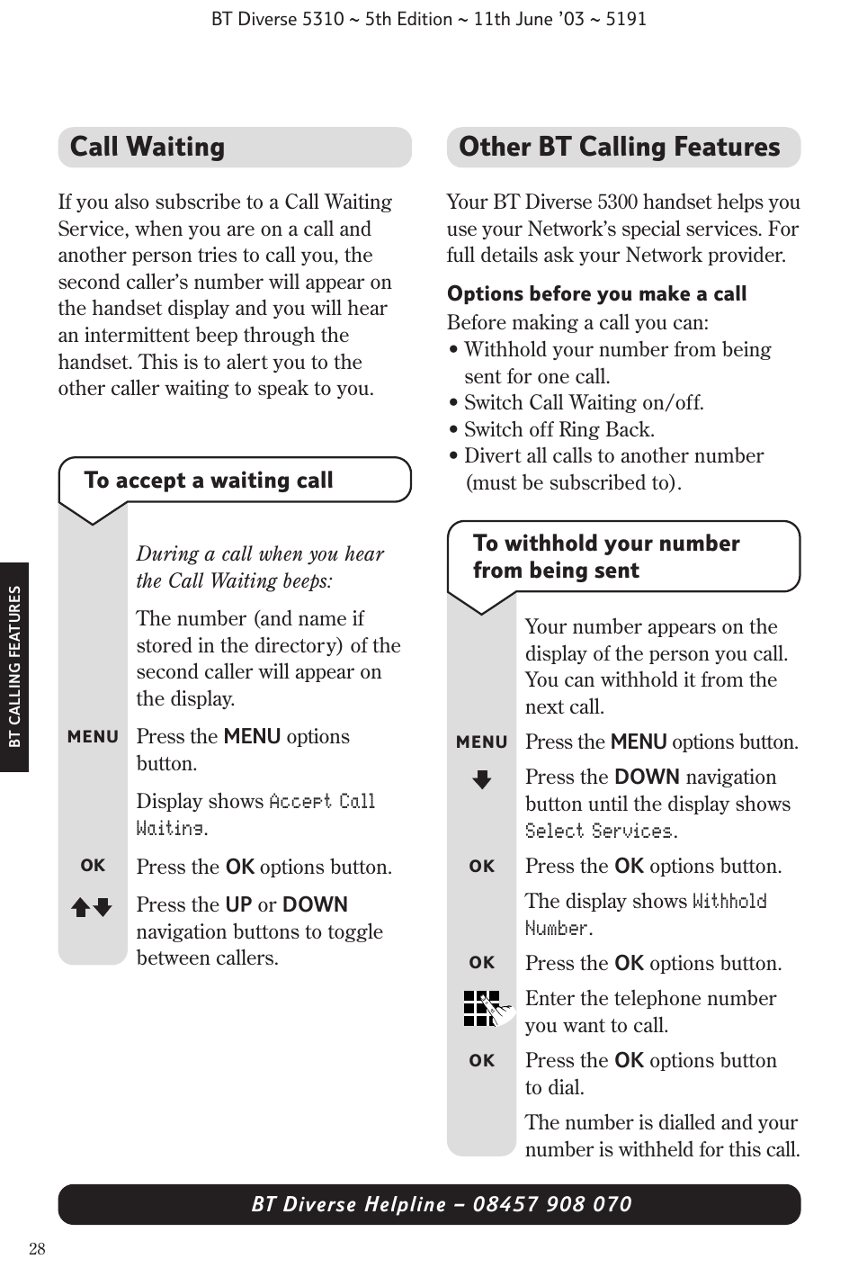 Call waiting, Other bt calling features | BT 5310 User Manual | Page 30 / 60