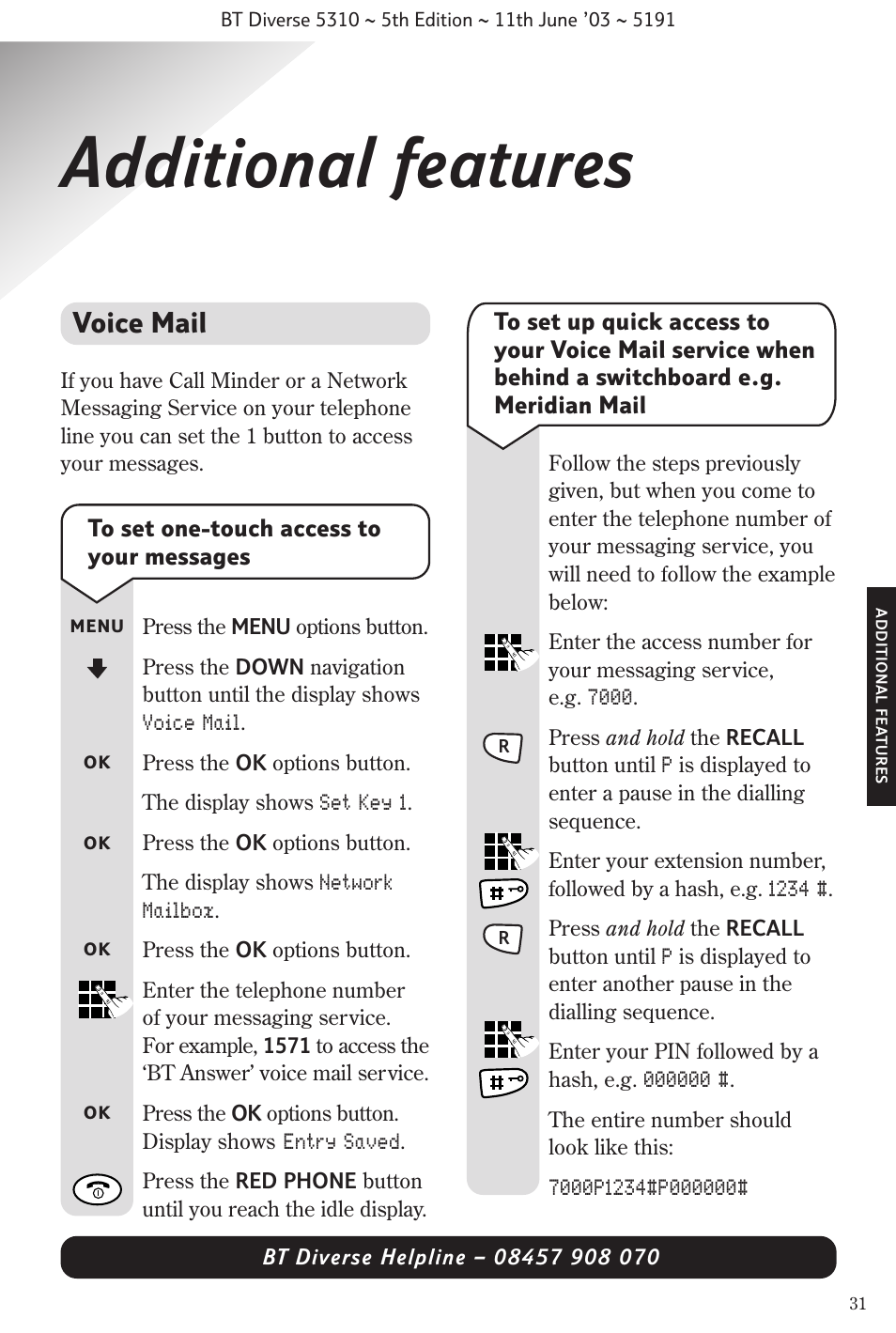 Additional features, Voice mail | BT 5310 User Manual | Page 33 / 60