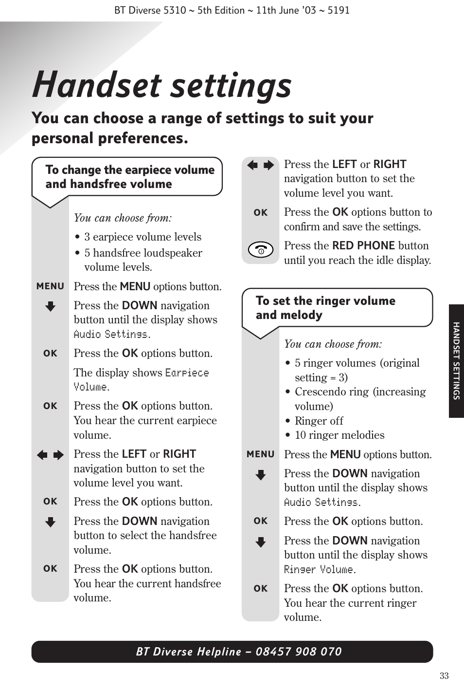 Handset settings | BT 5310 User Manual | Page 35 / 60