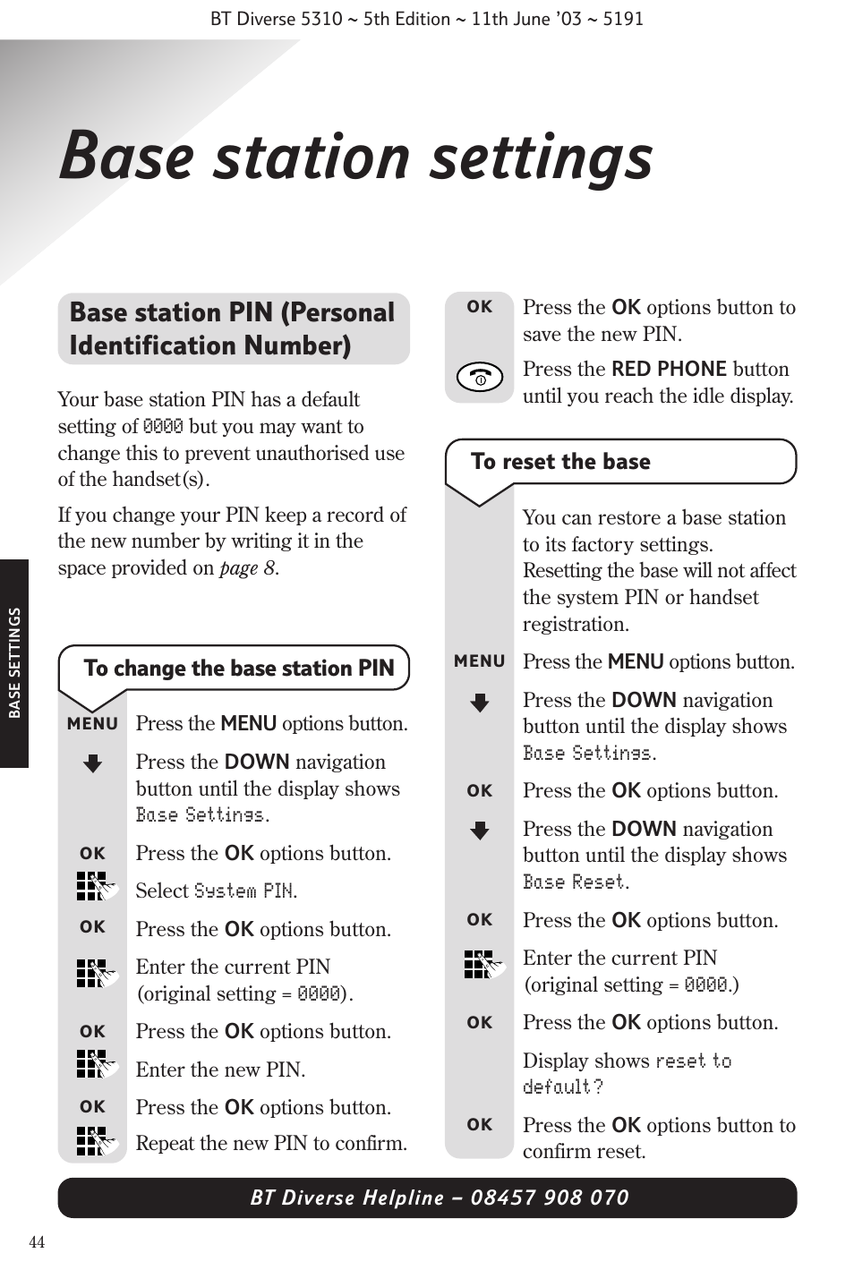Base station settings, Base station pin (personal identification number) | BT 5310 User Manual | Page 46 / 60