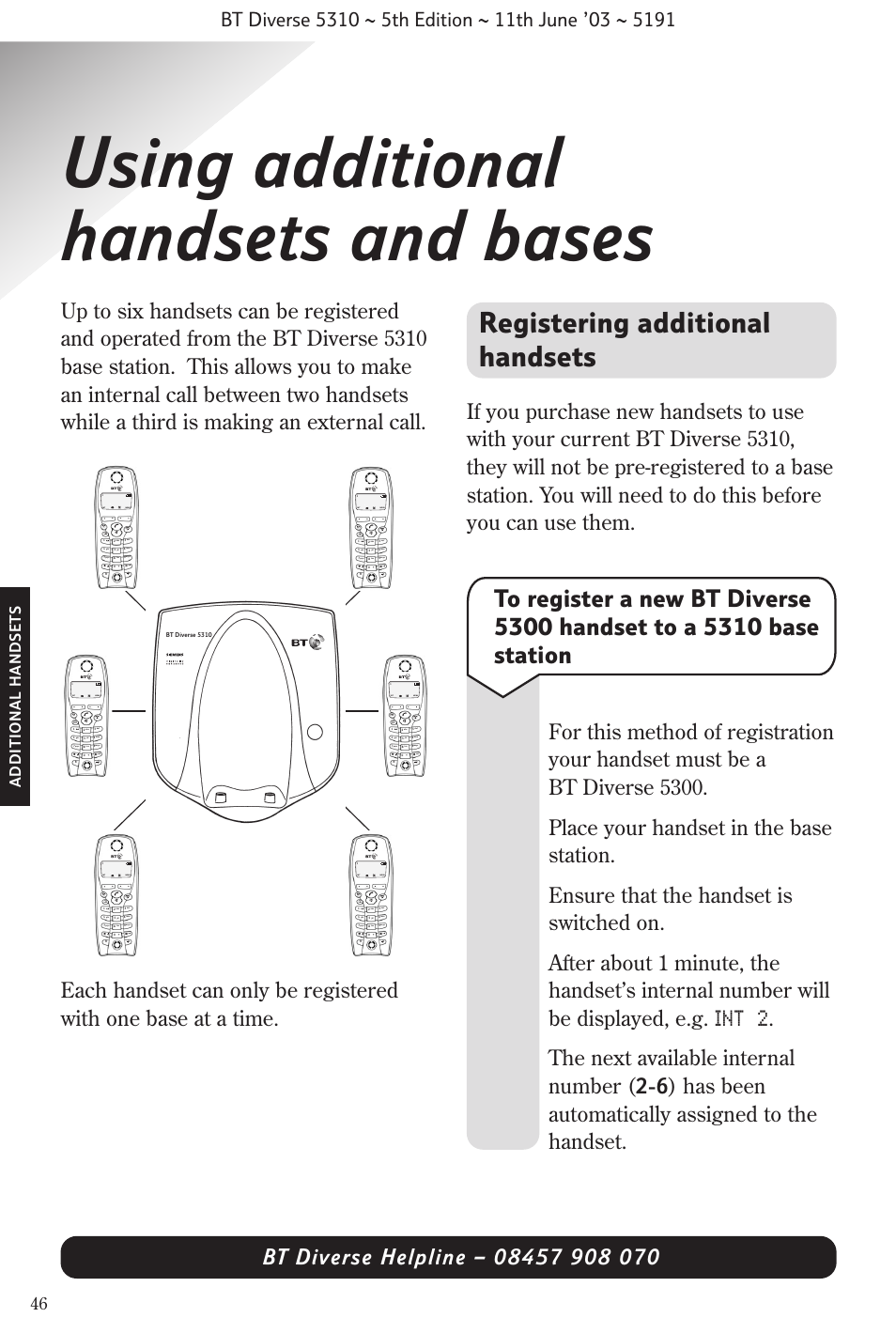 Using additional handsets and bases, Registering additional handsets, Int 2 | Additional handset s, Int menu | BT 5310 User Manual | Page 48 / 60