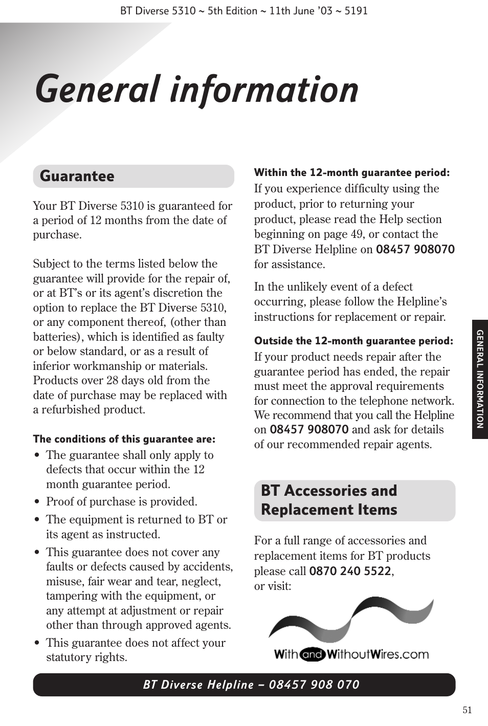 General information, Guarantee, Bt accessories and replacement items | BT 5310 User Manual | Page 53 / 60