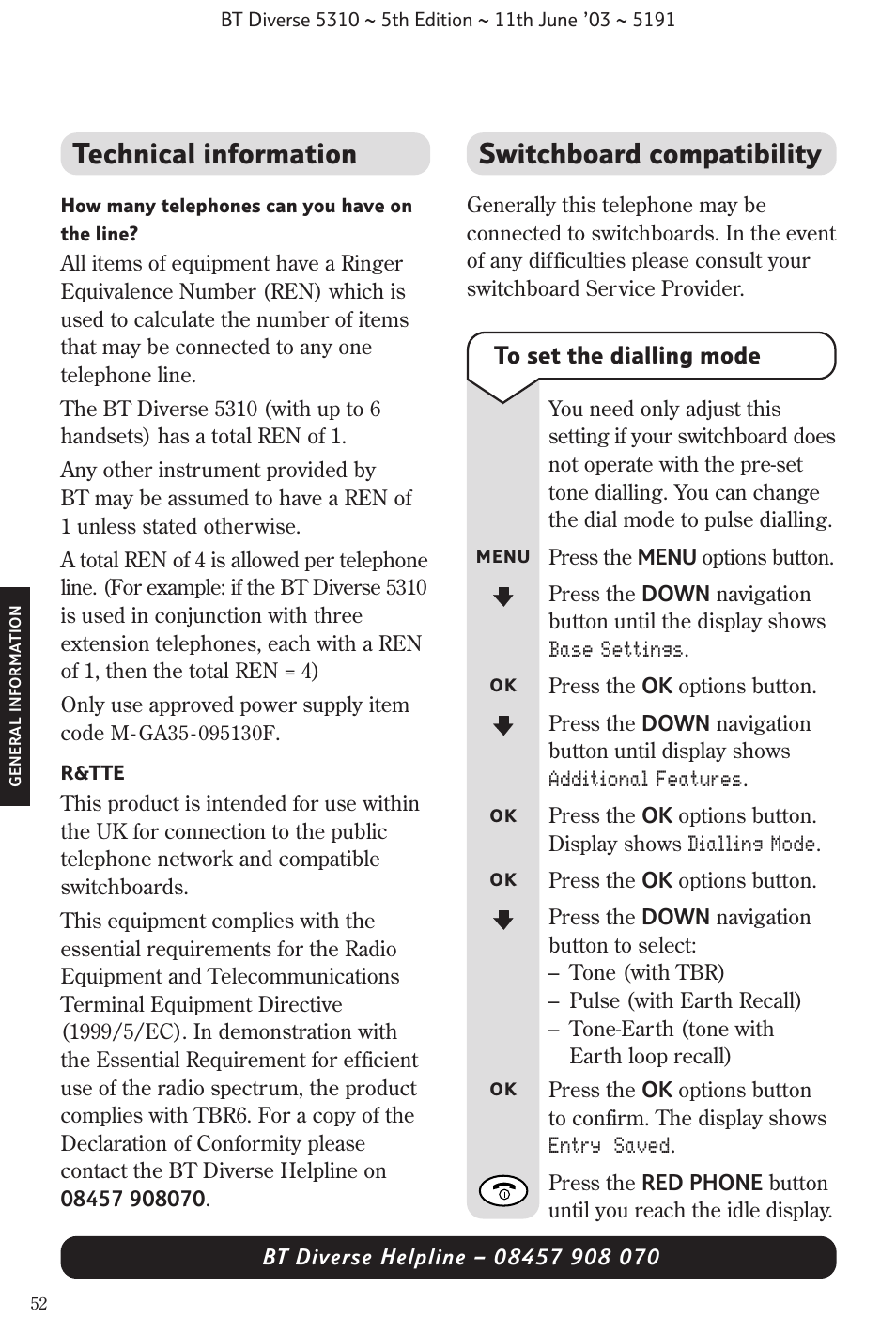 Switchboard compatibility, Technical information | BT 5310 User Manual | Page 54 / 60