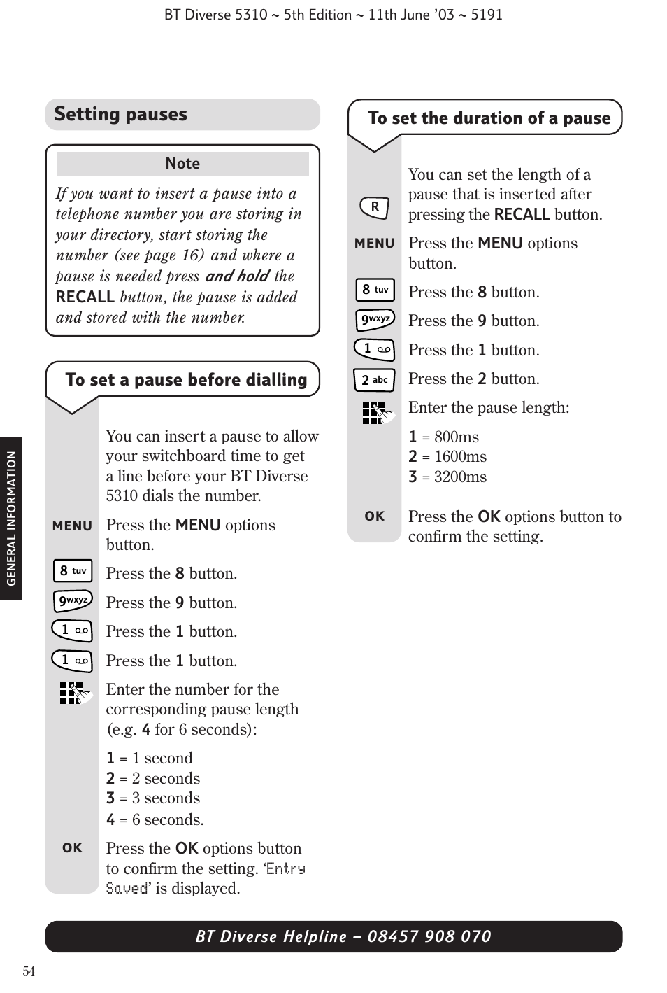 Setting pauses | BT 5310 User Manual | Page 56 / 60