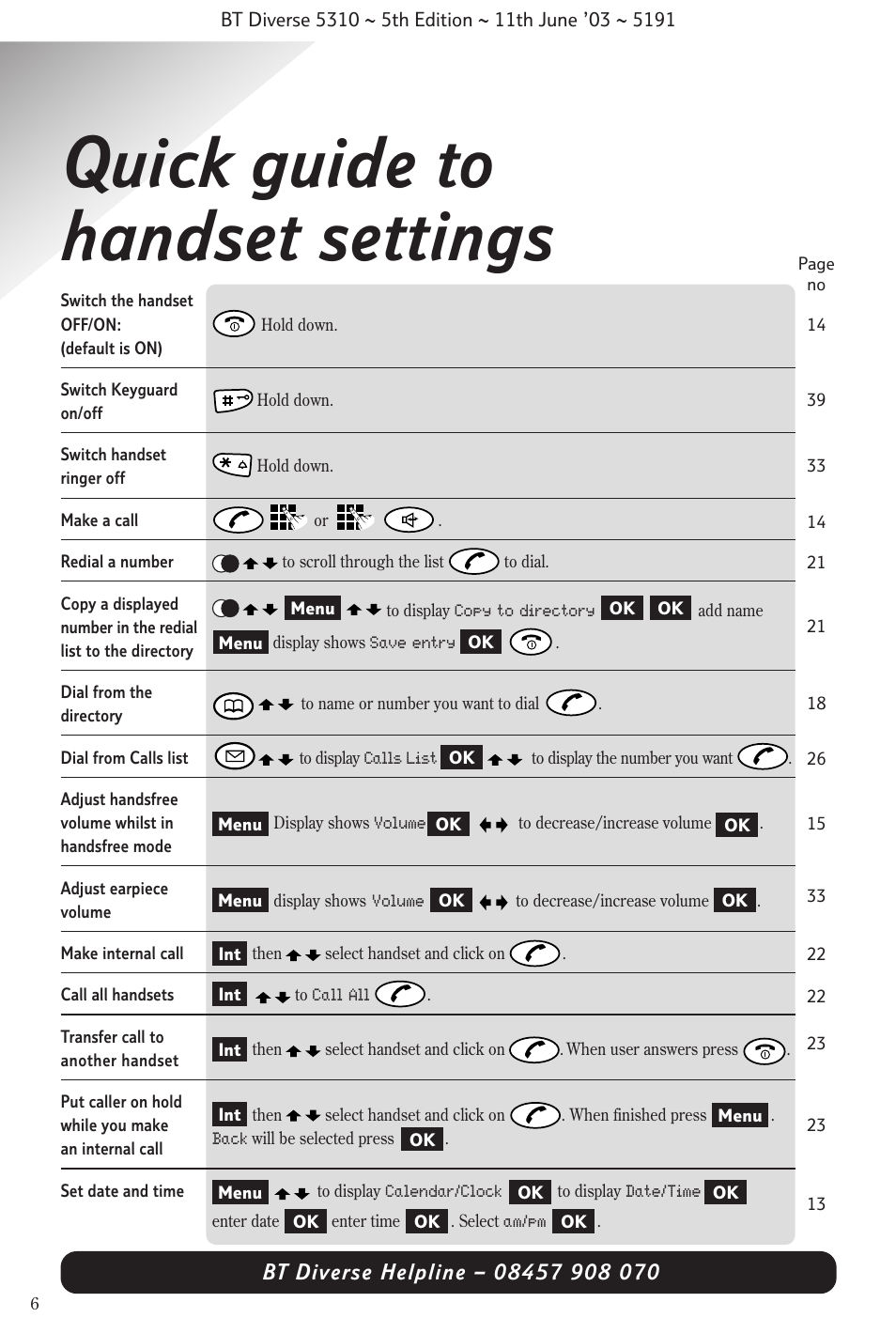 Quick guide to handset settings | BT 5310 User Manual | Page 8 / 60