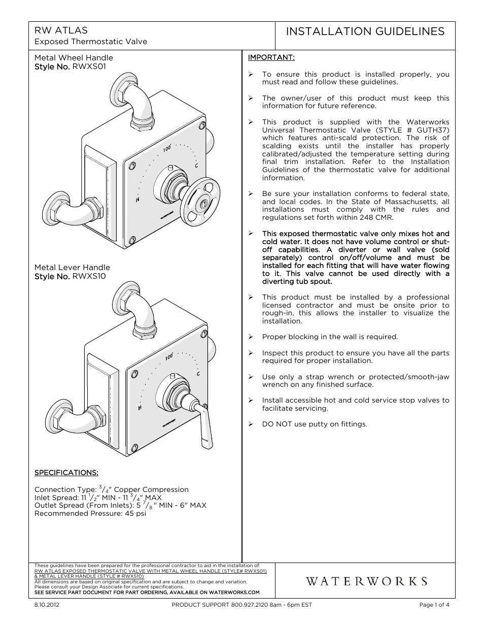 Waterworks R.W. Atlas Exposed Thermostatic Valve with Metal Lever Handles User Manual | 15 pages