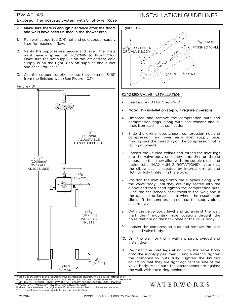 Installation guidelines, Rw atlas | Waterworks R.W. Atlas Exposed Thermostatic System with 8" Shower Rose, Extended Arm, and Metal Wheel Handles User Manual | Page 2 / 6