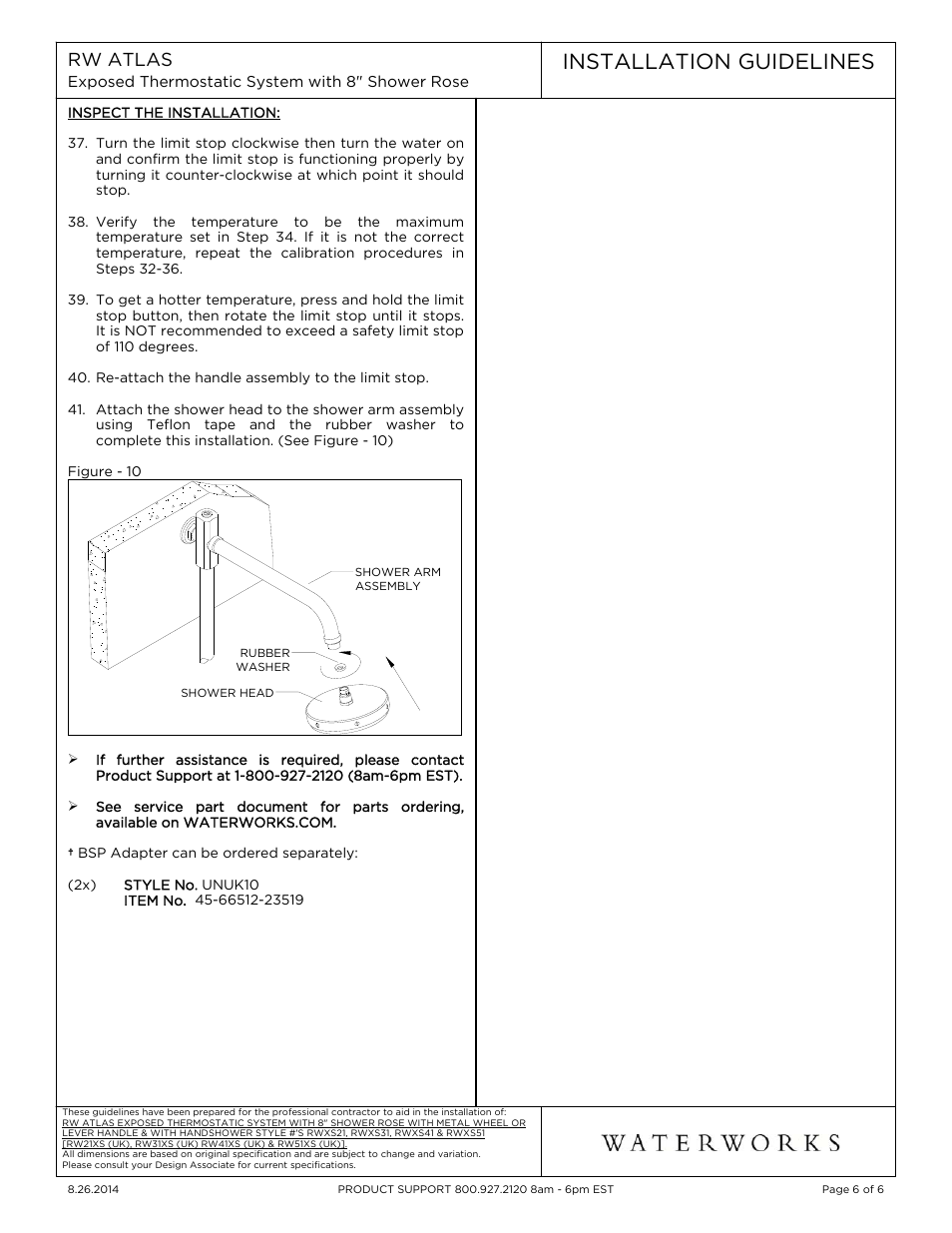 Installation guidelines | Waterworks R.W. Atlas Exposed Thermostatic System with 8" Shower Rose, Extended Arm, and Metal Wheel Handles User Manual | Page 6 / 6