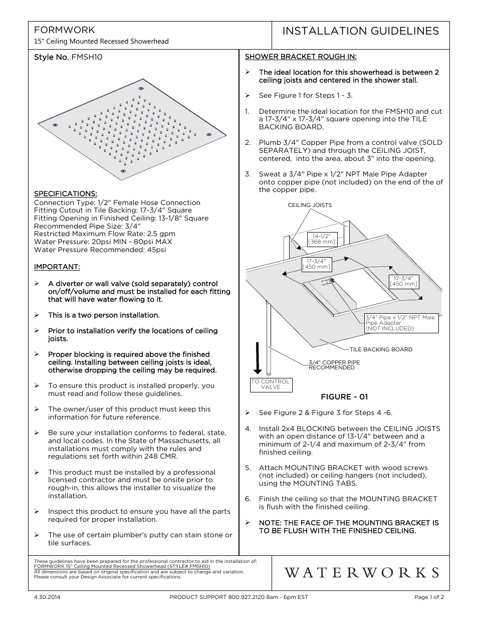 Waterworks Formwork Ceiling Mounted 15" Recessed Square Shower Head User Manual | 2 pages