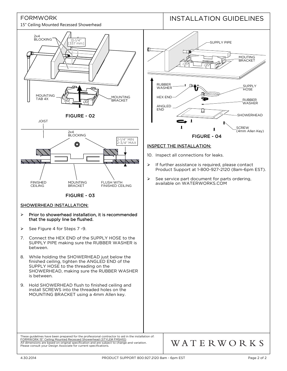 Installation guidelines, Formwork | Waterworks Formwork Ceiling Mounted 15" Recessed Square Shower Head User Manual | Page 2 / 2