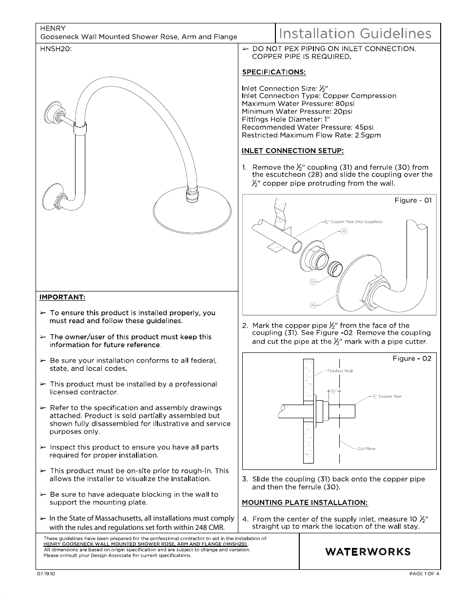 Waterworks Henry Gooseneck Wall Mounted 8" Shower Rose, Arm and Flange User Manual | 11 pages