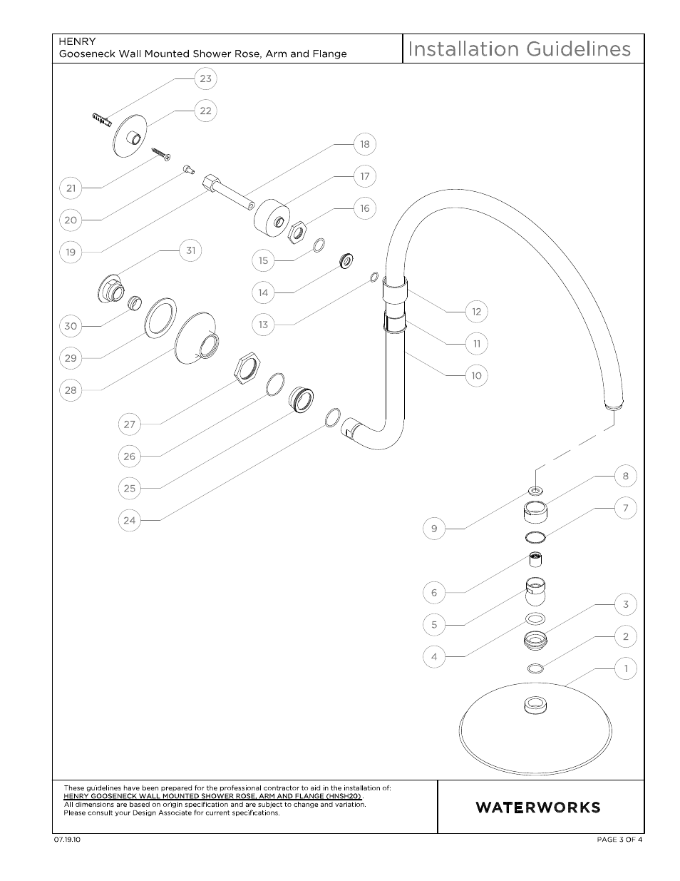 Waterworks Henry Gooseneck Wall Mounted 8" Shower Rose, Arm and Flange User Manual | Page 3 / 11