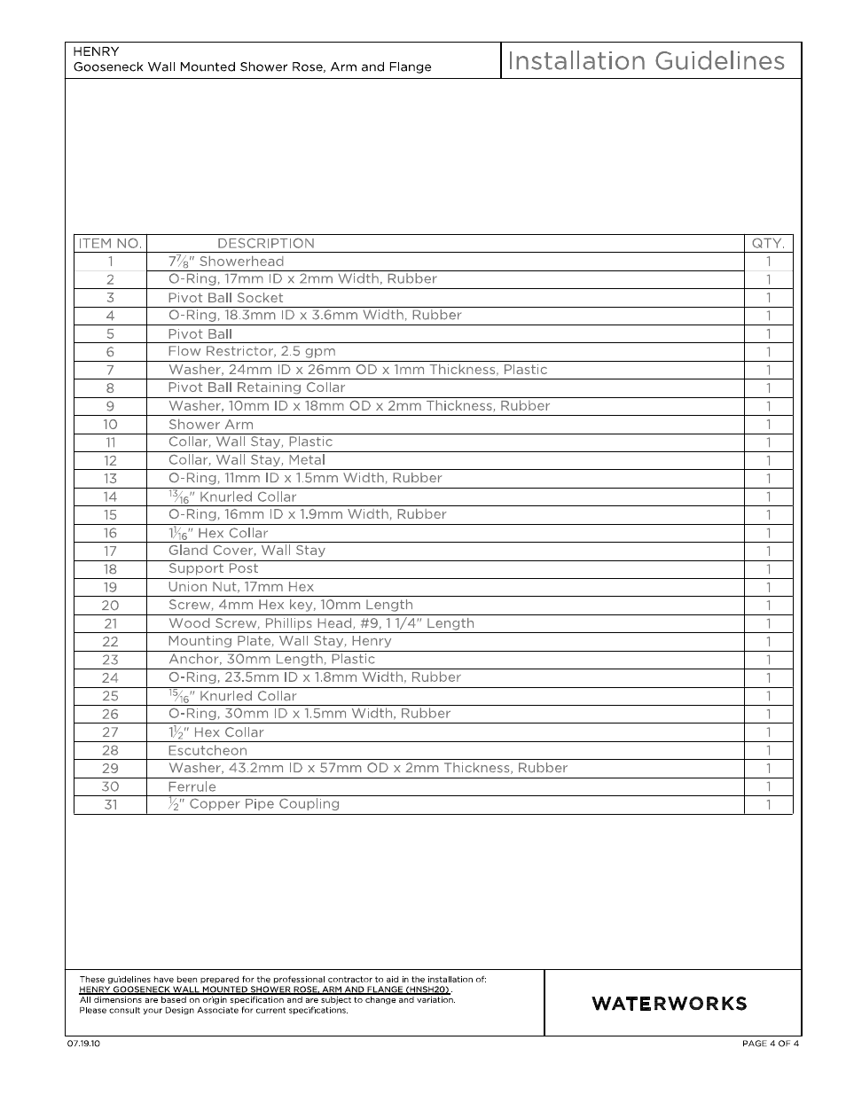 Waterworks Henry Gooseneck Wall Mounted 8" Shower Rose, Arm and Flange User Manual | Page 4 / 11