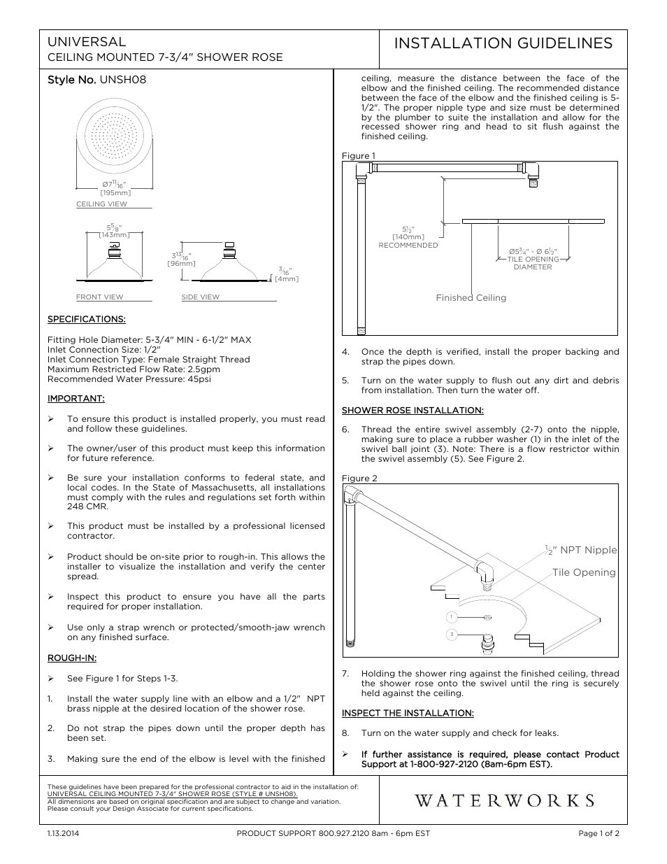 Waterworks Universal Recessed Ceiling Mounted 7 3/4" Shower Rose User Manual | 2 pages