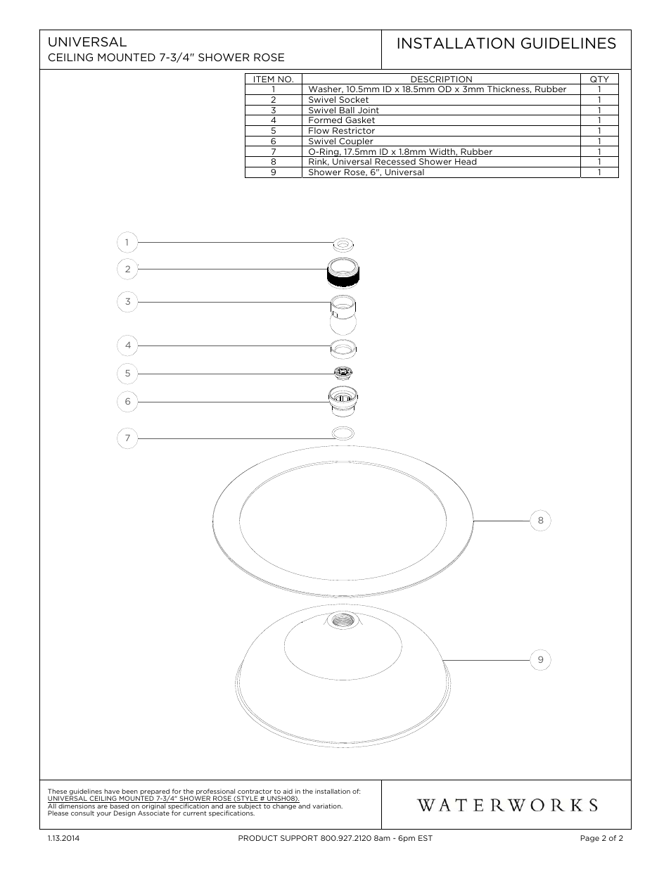 Installation guidelines, Universal | Waterworks Universal Recessed Ceiling Mounted 7 3/4" Shower Rose User Manual | Page 2 / 2