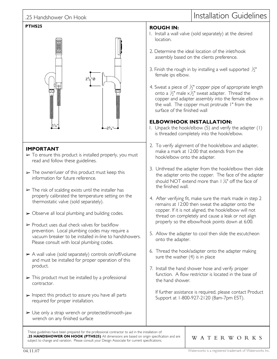 Waterworks .25 Handshower On Hook with Metal Handle User Manual | 2 pages