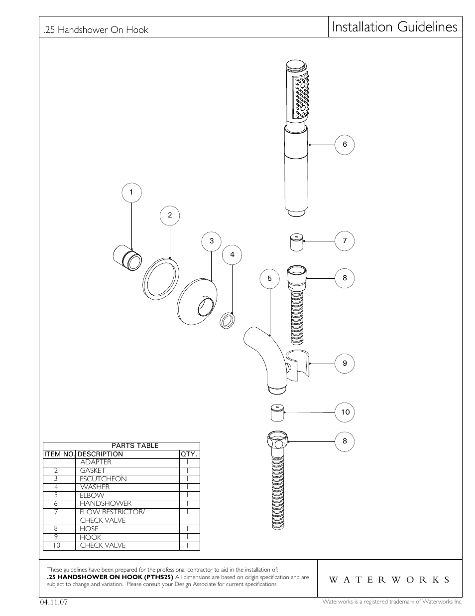 Installation guidelines, 25 handshower on hook | Waterworks .25 Handshower On Hook with Metal Handle User Manual | Page 2 / 2