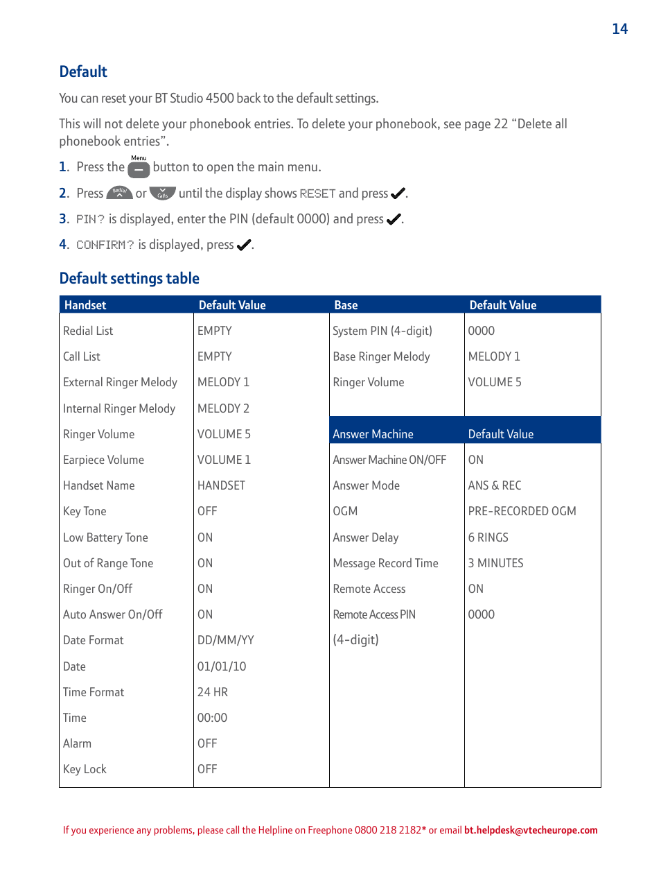 Default, Default settings table | BT STUDIO 4500 User Manual | Page 14 / 50
