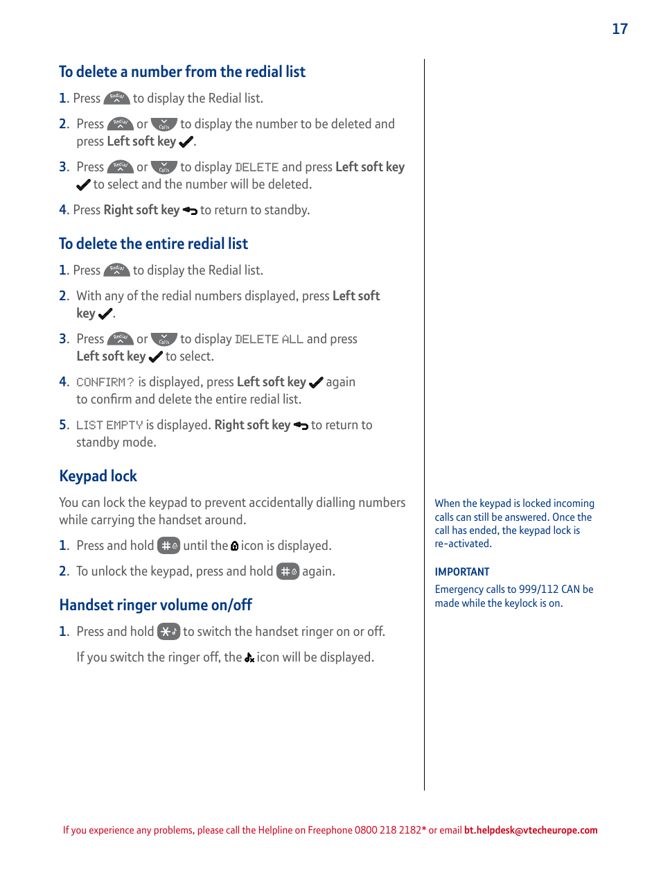 To delete a number from the redial list, To delete the entire redial list, Keypad lock | Handset ringer volume on/off, Press and hold to turn the, Press and hold to lock | BT STUDIO 4500 User Manual | Page 17 / 50