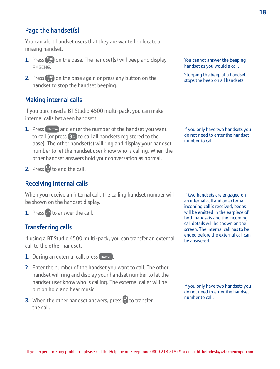 Making internal calls, Receiving internal calls, Transferring calls | Press to make an, Page the handset(s) | BT STUDIO 4500 User Manual | Page 18 / 50