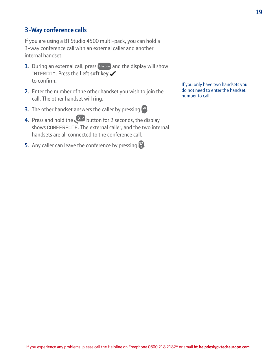 Way conference calls | BT STUDIO 4500 User Manual | Page 19 / 50