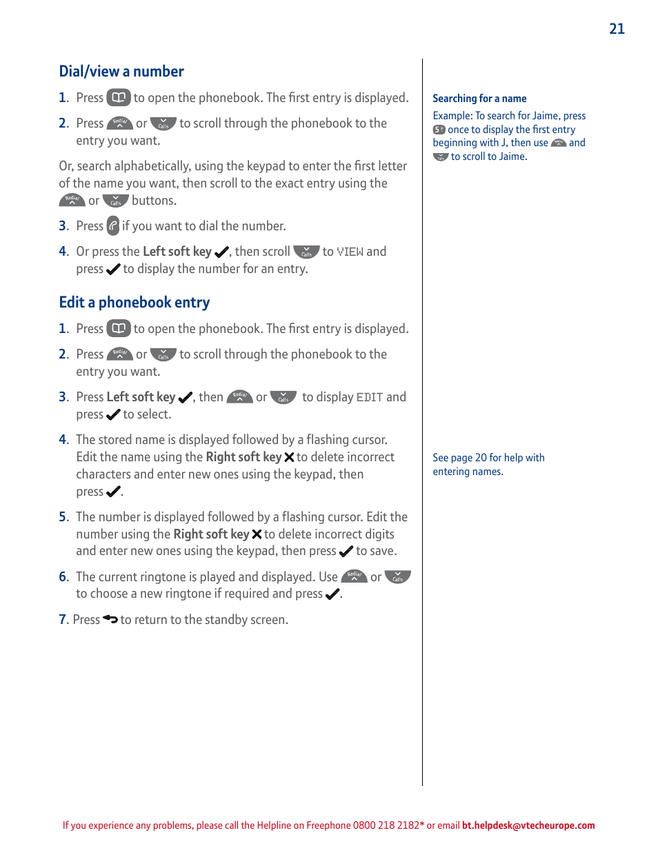 Dial/view a number, Edit a phonebook entry | BT STUDIO 4500 User Manual | Page 21 / 50