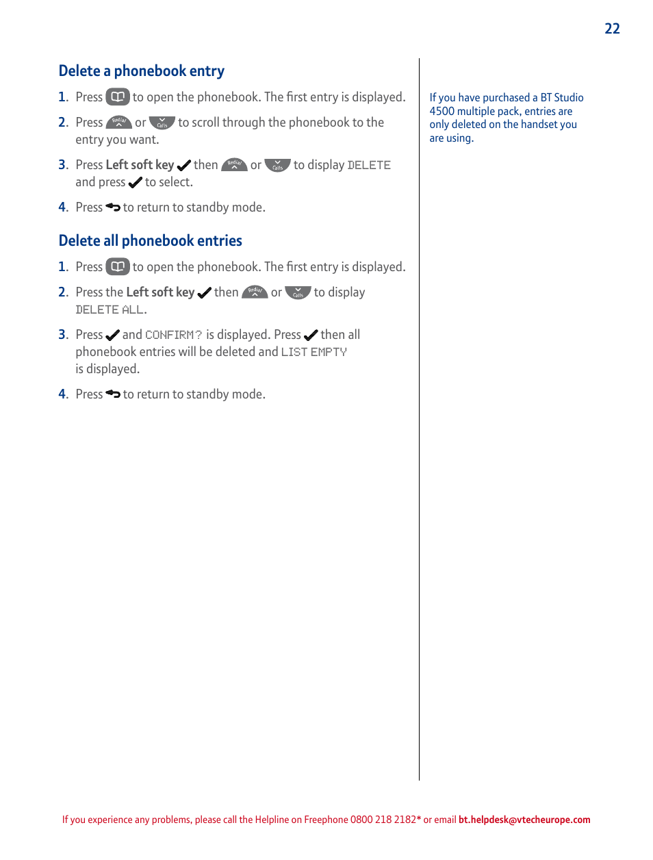 Delete a phonebook entry, Delete all phonebook entries | BT STUDIO 4500 User Manual | Page 22 / 50