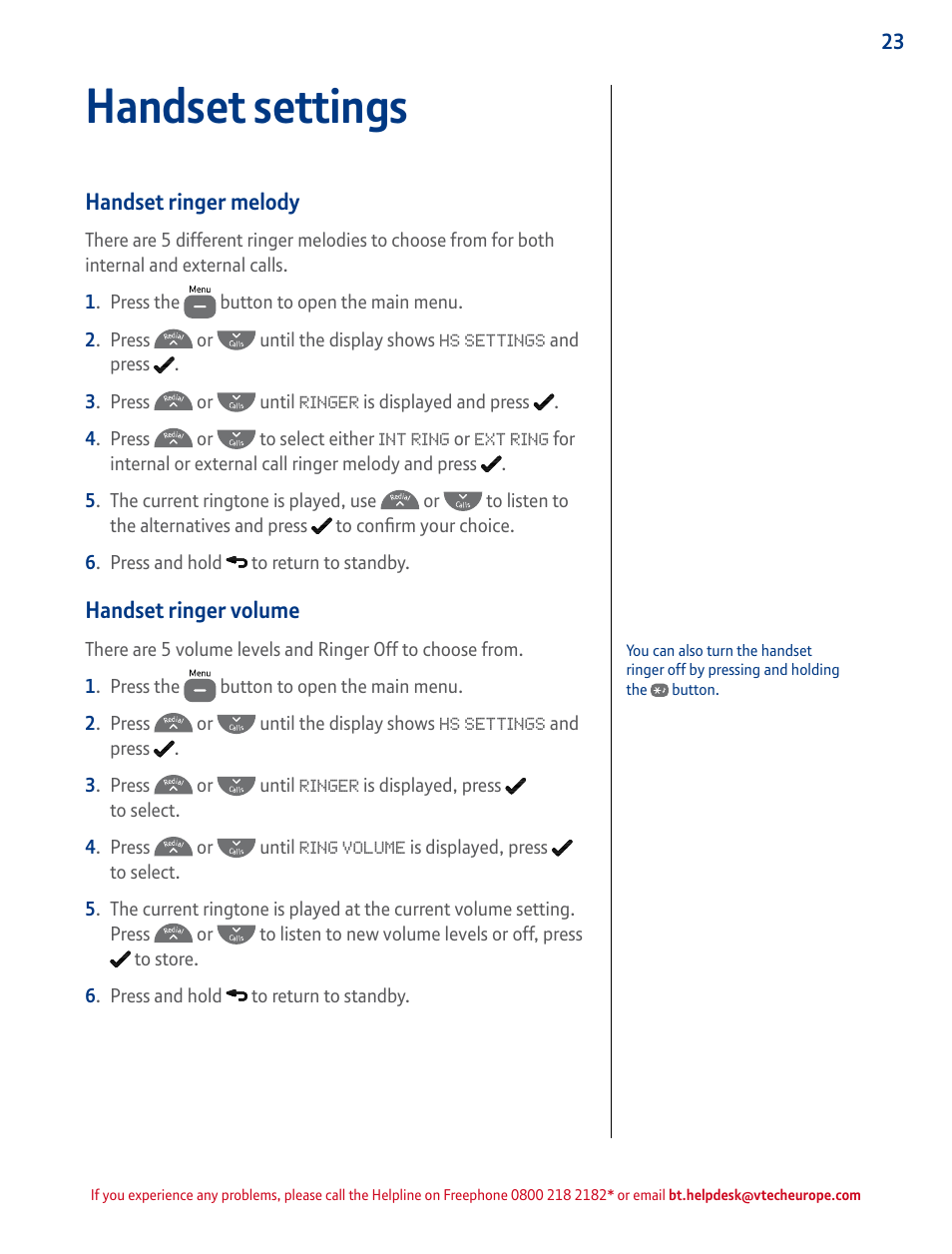 Handset ringer melody, Handset ringer volume, Handset settings | BT STUDIO 4500 User Manual | Page 23 / 50