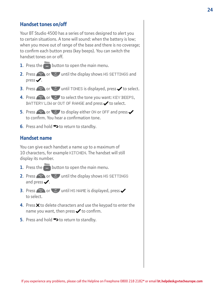 Handset tones on/off, Handset name | BT STUDIO 4500 User Manual | Page 24 / 50