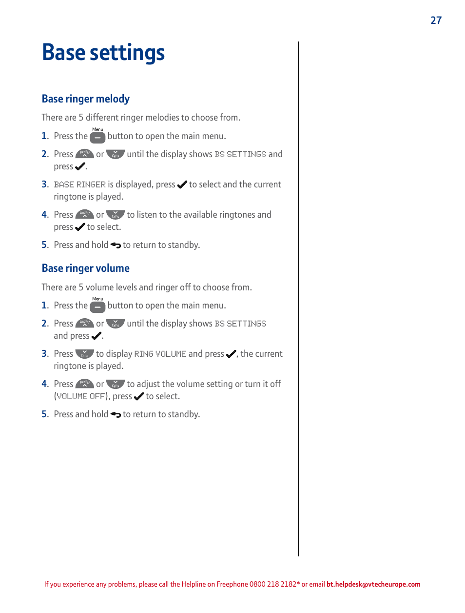 Base ringer melody, Base ringer volume, Base settings | BT STUDIO 4500 User Manual | Page 27 / 50