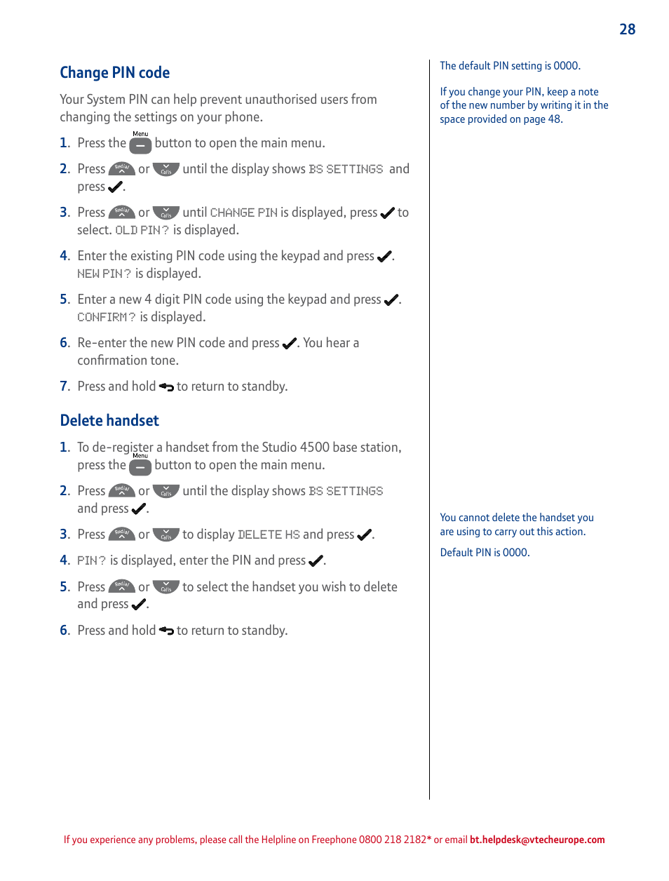 Change pin code, Delete handset | BT STUDIO 4500 User Manual | Page 28 / 50