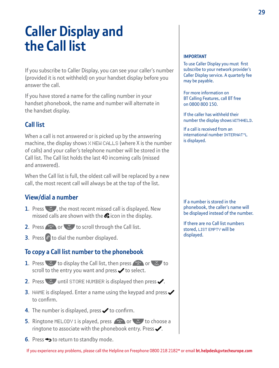 Call list, View/dial a number, To copy a call list number to the phonebook 29 | Press to display the calls list, Through menu options, Caller display and the call list | BT STUDIO 4500 User Manual | Page 29 / 50