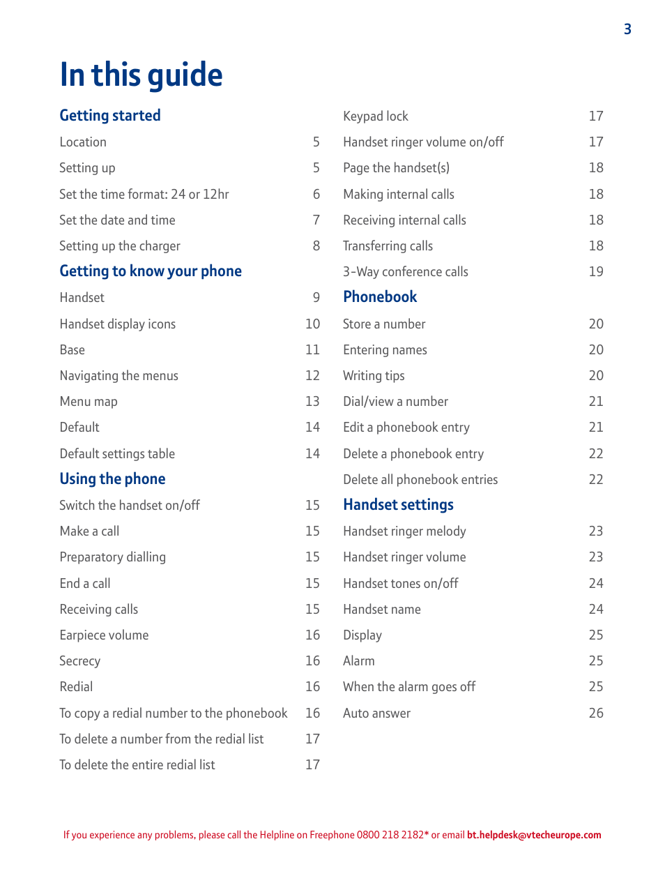 Getting started, Getting to know your phone, Using the phone | Phonebook, Handset settings | BT STUDIO 4500 User Manual | Page 3 / 50