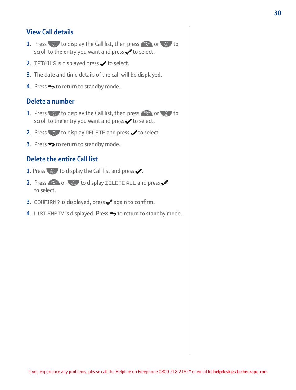 View call details, Delete a number, Delete the entire call list | BT STUDIO 4500 User Manual | Page 30 / 50