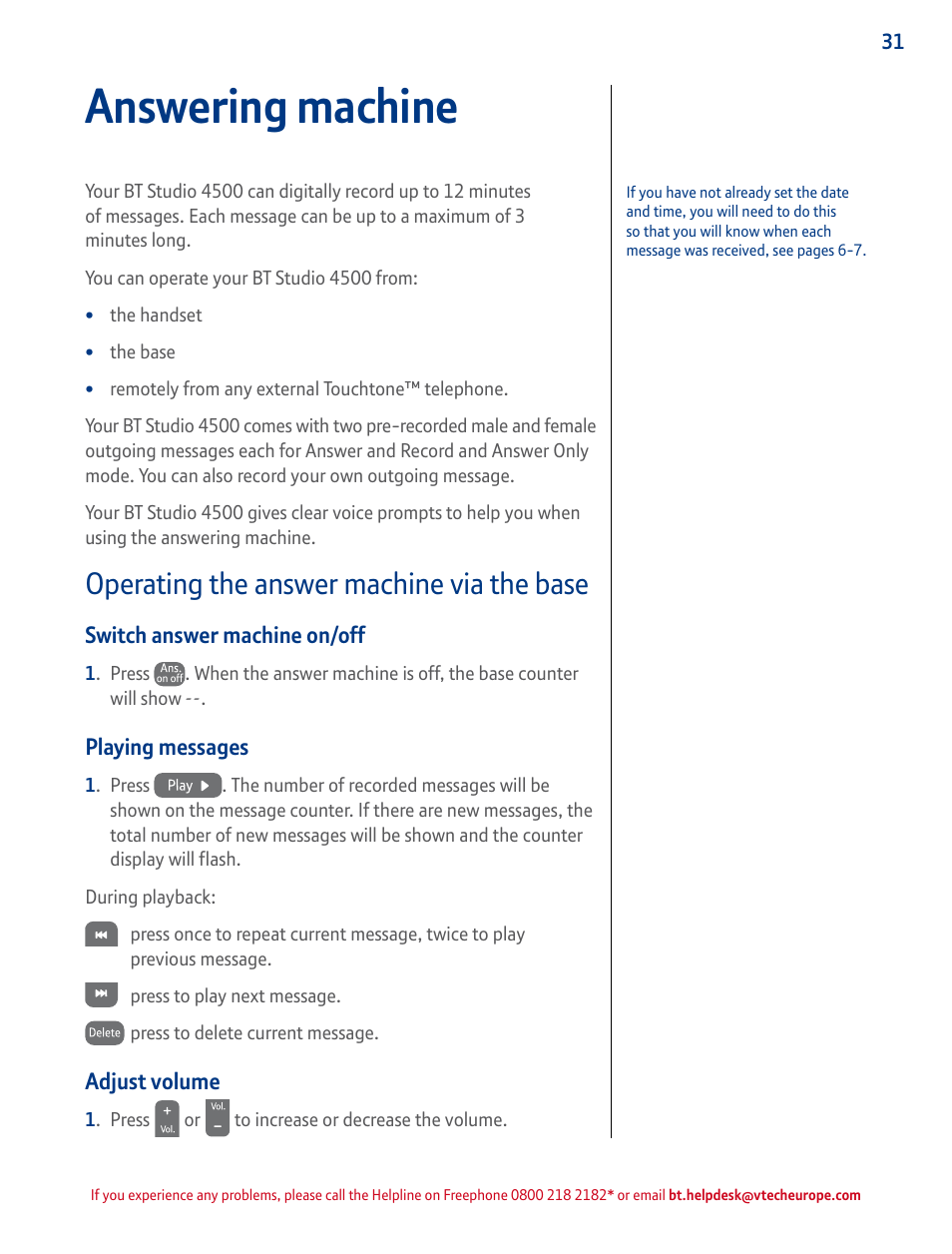 Operating the answer machine via the base 31, Switch answer machine on/off, Playing messages | Adjust volume, Answering machine, Operating the answer machine via the base | BT STUDIO 4500 User Manual | Page 31 / 50