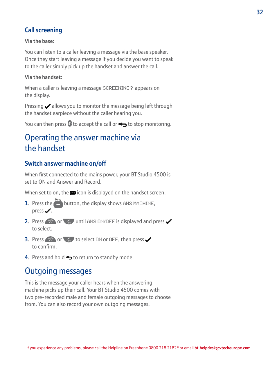 Call screening, Operating the answer machine via the handset, Switch answer machine on/off | Outgoing messages | BT STUDIO 4500 User Manual | Page 32 / 50