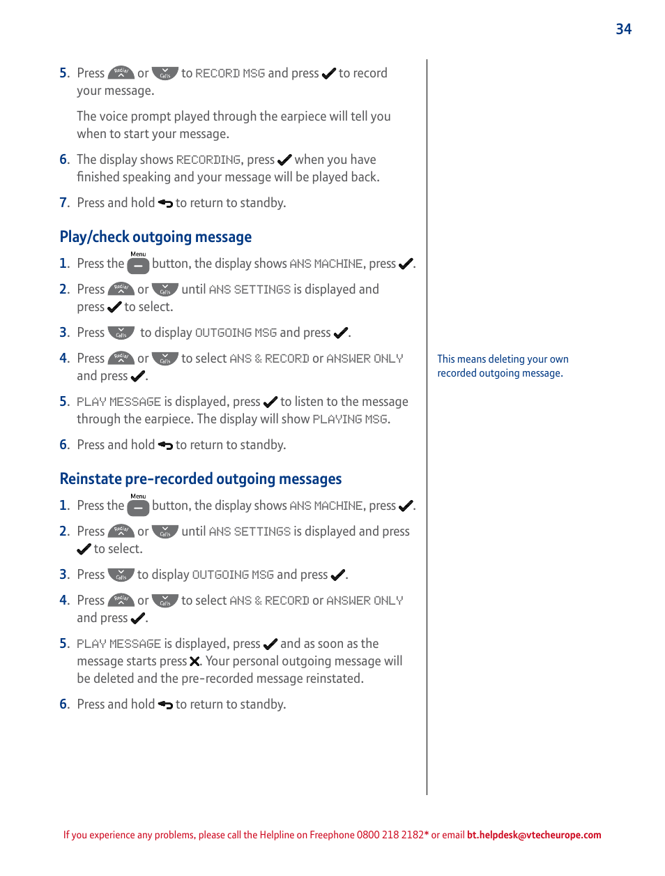 Play/check outgoing message, Reinstate pre-recorded outgoing messages 34, Reinstate pre-recorded outgoing messages | BT STUDIO 4500 User Manual | Page 34 / 50