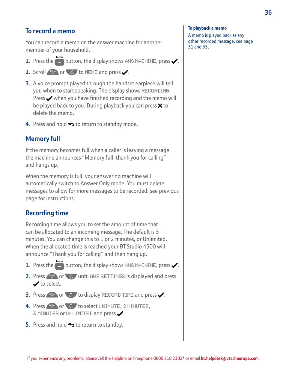 To record a memo, Memory full, Recording time | BT STUDIO 4500 User Manual | Page 36 / 50