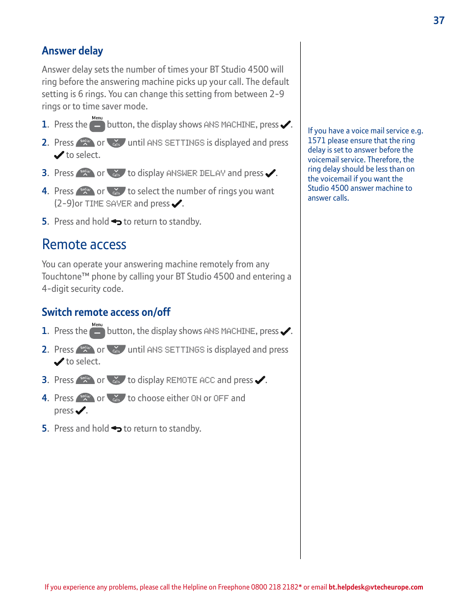 Answer delay, Remote access, Switch remote access on/off | BT STUDIO 4500 User Manual | Page 37 / 50
